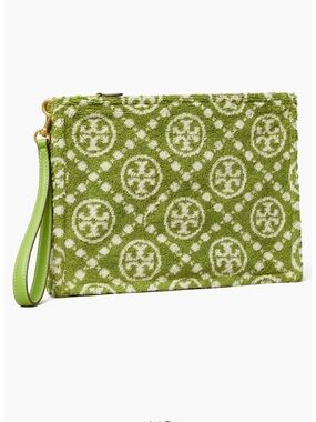 Tory Burch Green Monogram Zip Pouch with Tassel